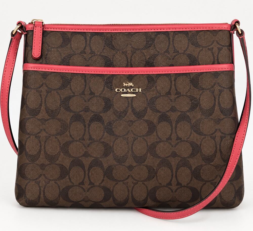 Coach Signature File Crossbody Bag Brown Pink